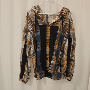 POL Plaid High-Low Button Down Shirt - Black, Blue, Yellow